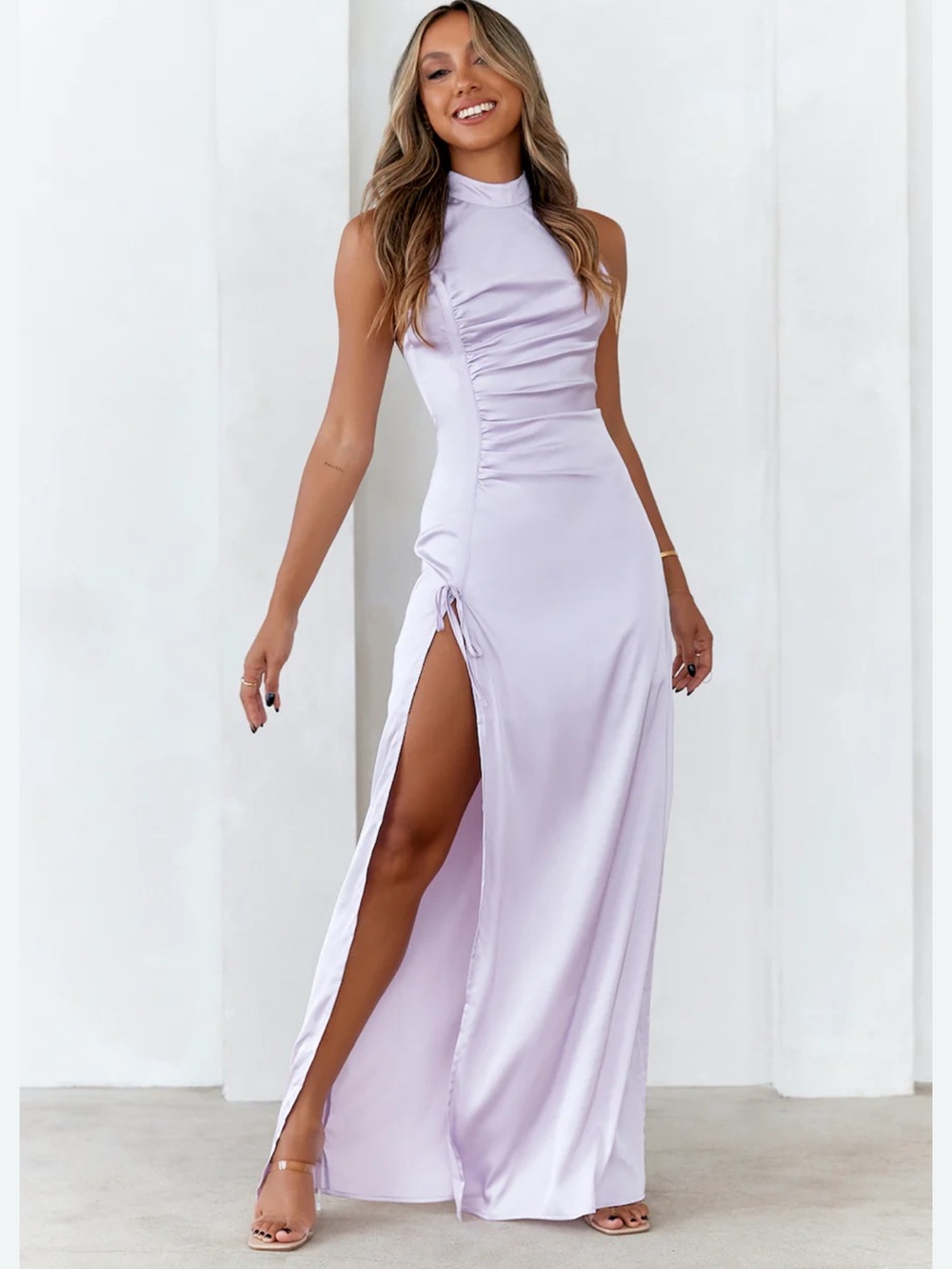 Hello Molly DEAR EMILIA LOOK AT ME SATIN MAXI DRESS LILAC NET SIZE 2
